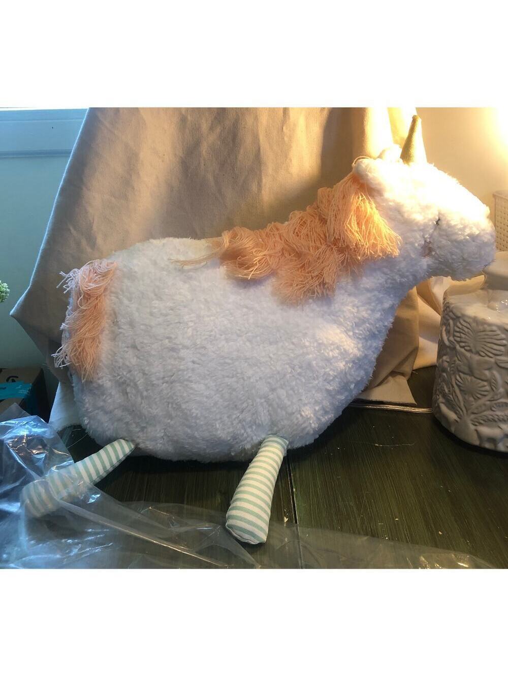 Pillowfort NWT Large Stuffed Unicorn Pillow Plush Gold Horn Green Striped Legs
